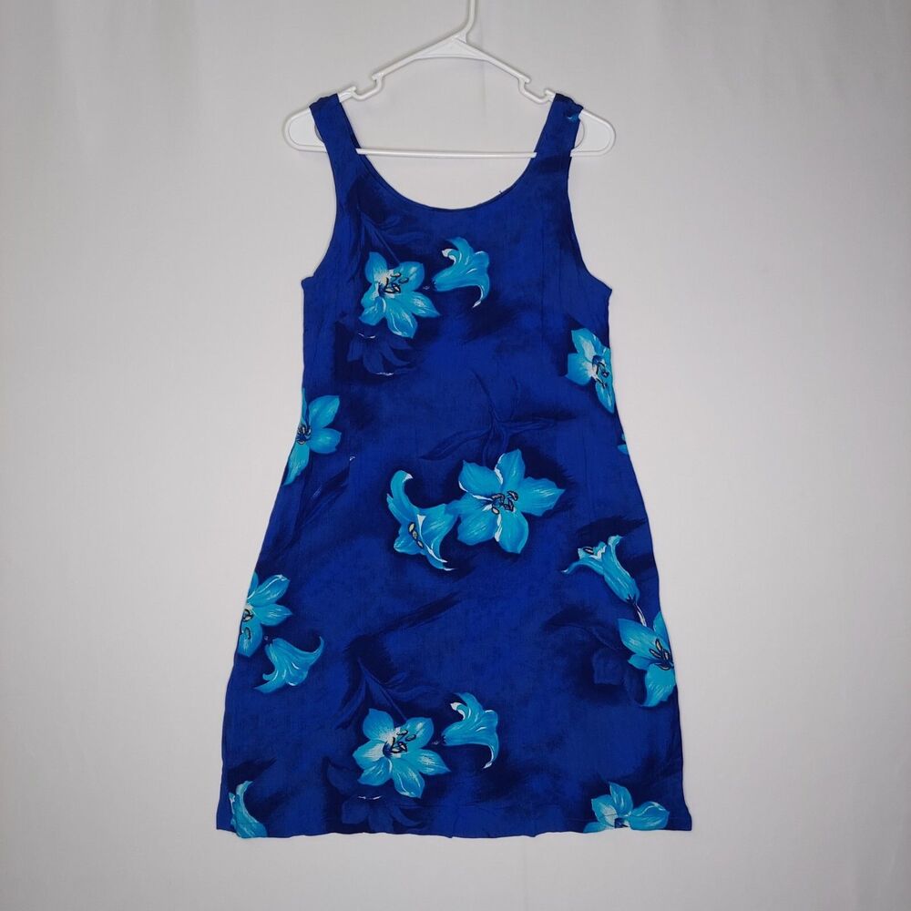 Hula Lei Vtg Tank Dress M Blue Tropical Floral Tie Resort Beach 90s Hawaiian‎